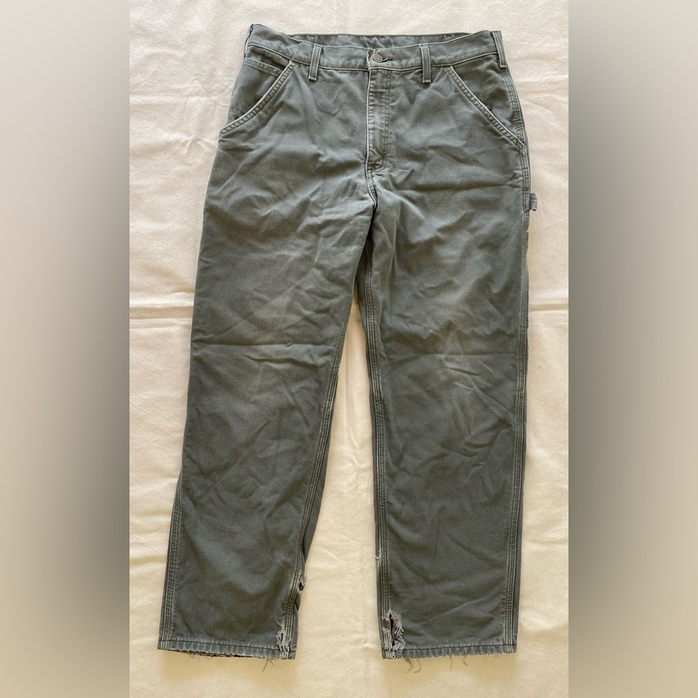 Carhartt Fully Lined Men's Cargo Pants in Gray 34x30 Leather Patch Outdoor Work